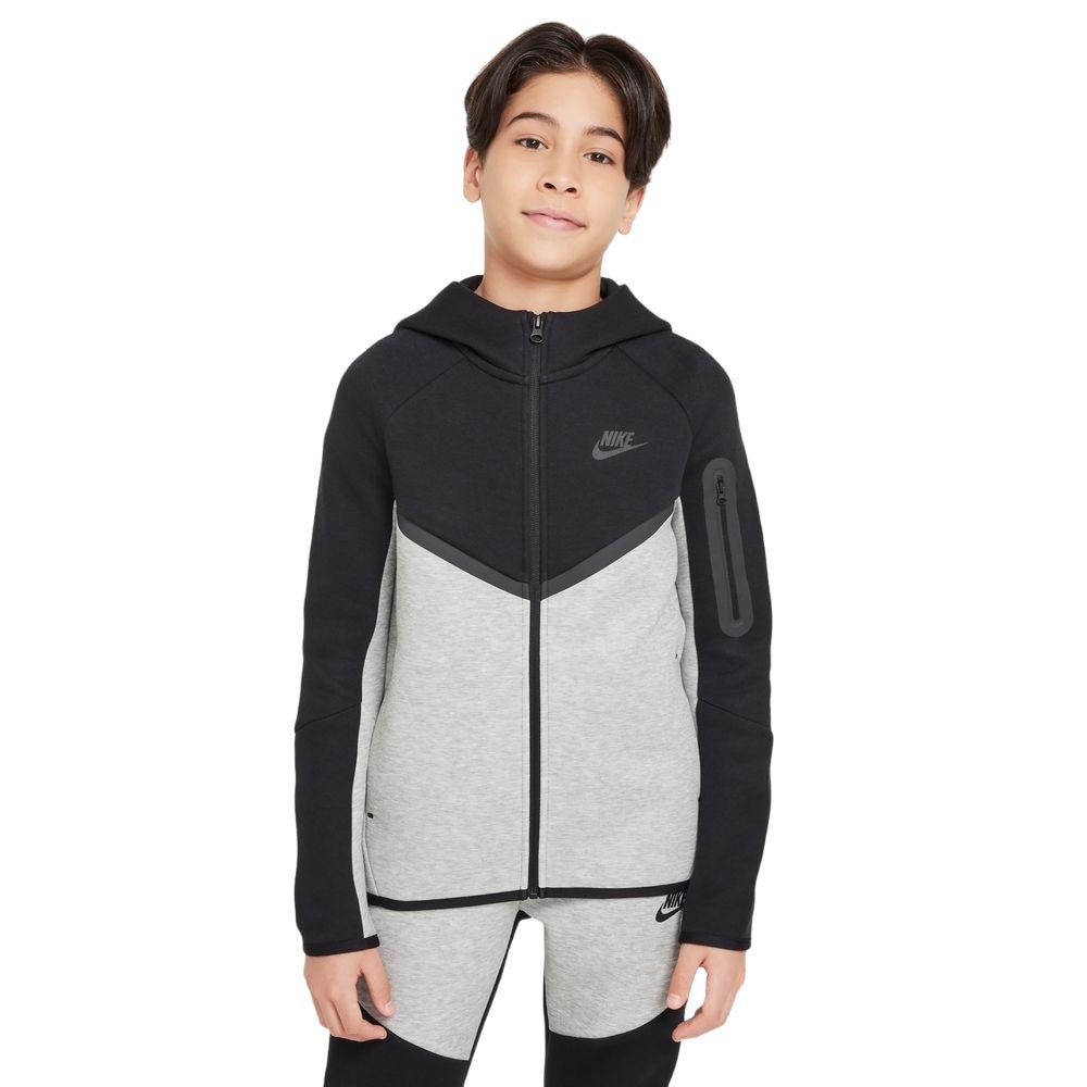 Nike NSW Tech Fleece Full-Zip Hettegenser Barn Sort/Grå