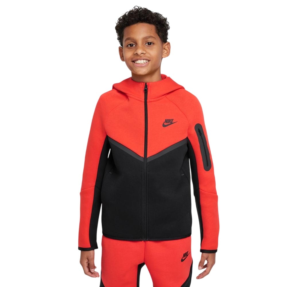 Nike NSW Tech Fleece Full-Zip Hettegenser Barn Rød/Sort